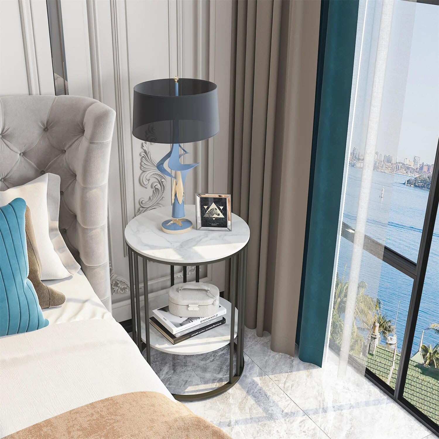 15.7Wx15.7Dx21.3H inch 2-Tier White Marble Side Table Round Coffee Table Nightstand Jewellery Storage Shelves