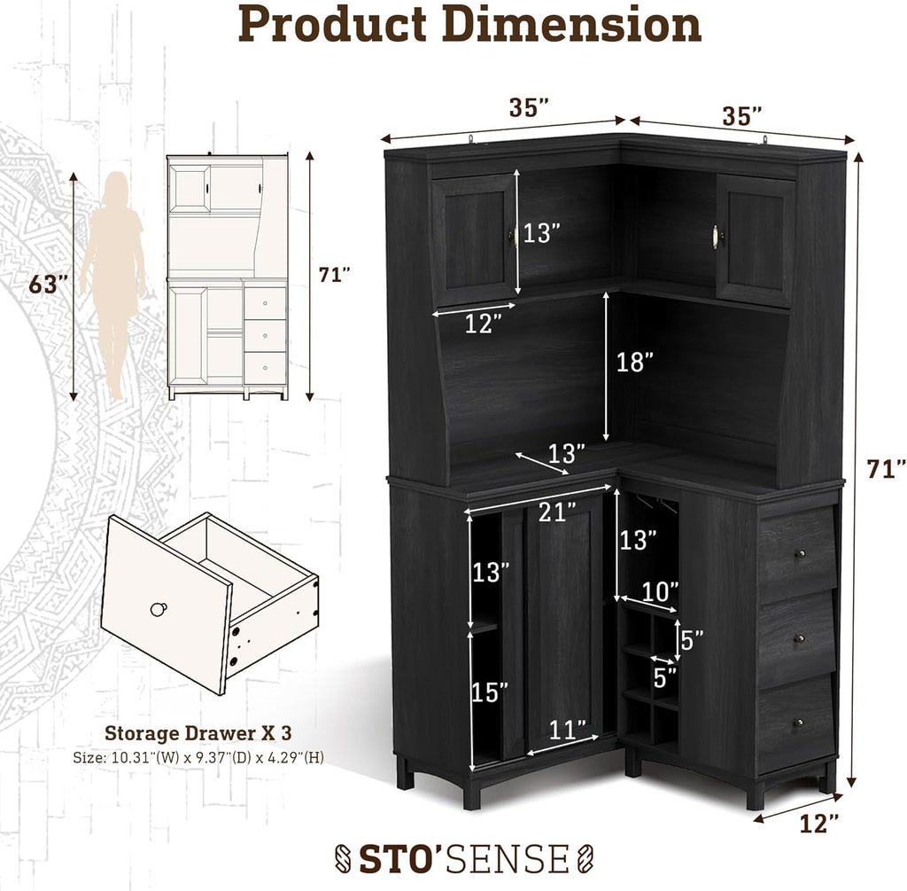 STO’Sense 71" Tall Corner Cabinet w/Charging Station,L-Shaped Kitchen Pantry Storage Cabinet w/3 Drawers,Countertop,Wine Rack,Shelves,Glass Holder&Sliding Door, Large Microwave Stand Hutch, Black Oak