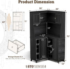 STO’Sense 71" Tall Corner Cabinet w/Charging Station,L-Shaped Kitchen Pantry Storage Cabinet w/3 Drawers,Countertop,Wine Rack,Shelves,Glass Holder&Sliding Door, Large Microwave Stand Hutch, Black Oak