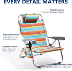 PASAMIC Backpack Beach Chair for Adults Portable, Lay Flat Reclining Beach Chair with 5 Positions, Tall Heavy Duty Folding Chairs with Cup Holder, Cooler Pouch, Storage Pouch, Multicolor Stripe