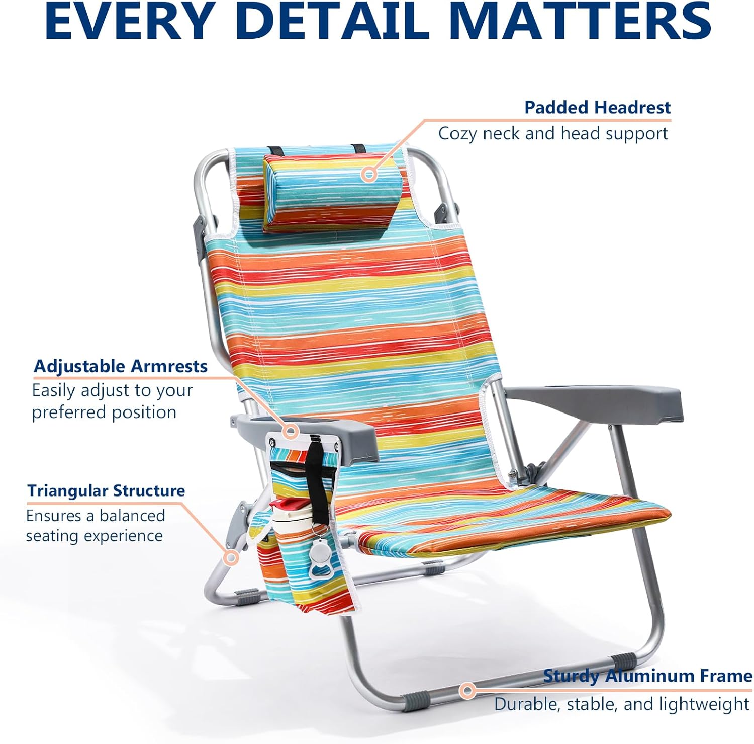 PASAMIC Backpack Beach Chair for Adults Portable, Lay Flat Reclining Beach Chair with 5 Positions, Tall Heavy Duty Folding Chairs with Cup Holder, Cooler Pouch, Storage Pouch, Multicolor Stripe