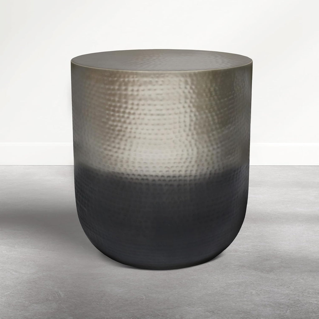 SIMPLIHOME Nova Metal Table - 19 inch Wide Solid Iron Drum Accent Table in Smoke Grey Ombre, Boho Sculptural End Table for Living Room with Hand-Hammered Design and Metallic Finish, Assembled