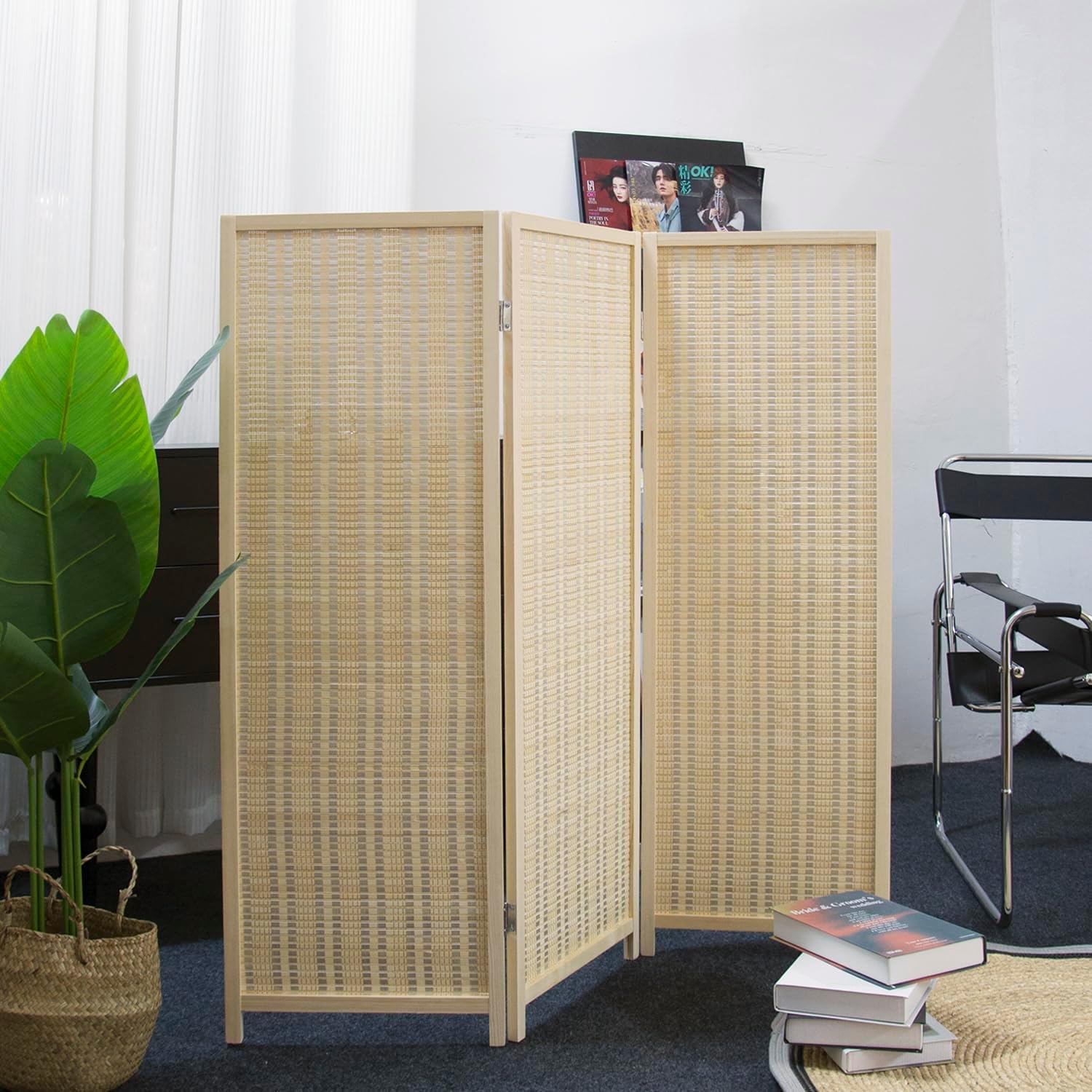 Furnnylane 3 Panel Short Room Divider Screen,Beige Freestanding Partition,Small Bamboo Panel Divider for Room Seperation,3.95 FT Tall