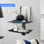 Suptek Glass Floating Shelves, TV Wall Mount with Shelf for DVD Player / PS4 / Cable Boxes/Game Consoles/Sky Box/TV Accessories, Flat Black 2-Tier Wall Mount Bracket