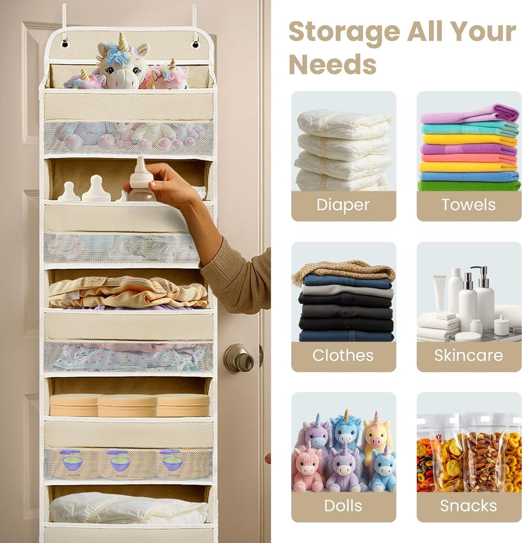 Easy Assembly Over The Door Organizer, 6 Shelves&10 Side Pockets, Heavy-Duty Reinforced Mesh Rack Holds 44lb, Hanging Behind Door Storage for Bathroom Pantry, Nursery, Closet, Shoes,Towels-Ivory White