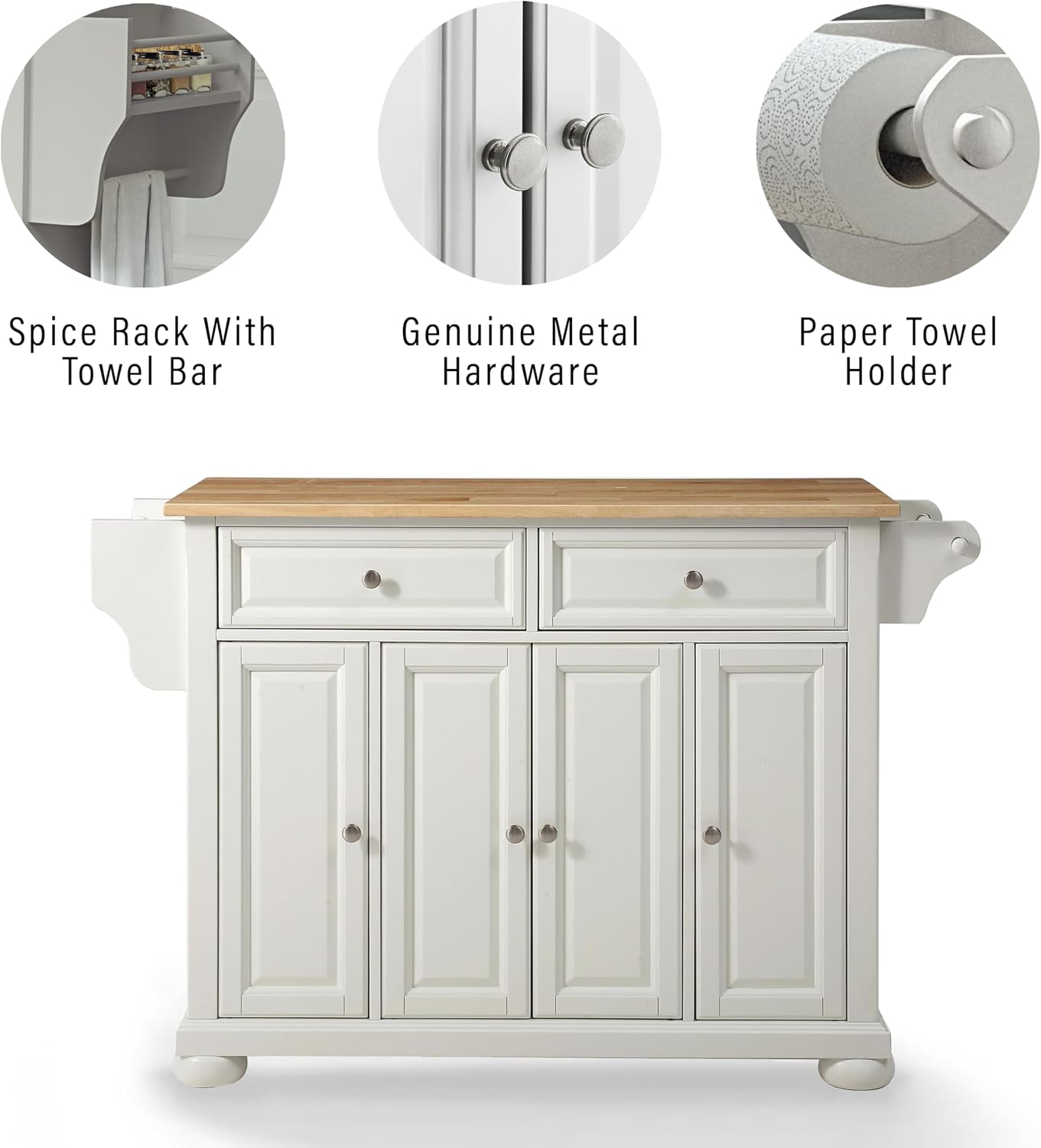 Crosley Furniture Alexandria Wood Top Rolling Kitchen Island Storage Cart, Microwave Stand, Spice Rack, White
