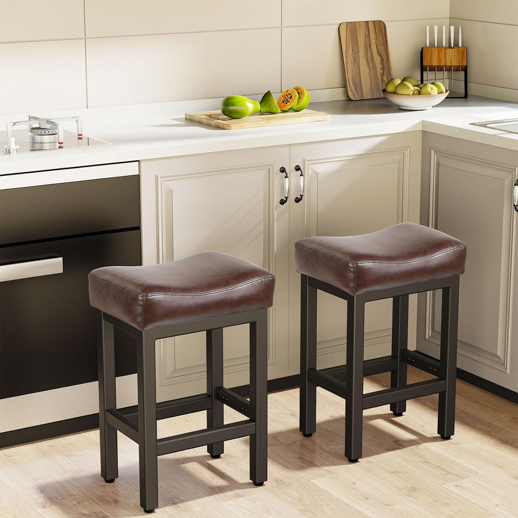 Raynesys Counter Height Bar Stools Set of 3, 24 Inch Barstools for Kitchen Island Counter, Bonded Leather Kitchen Stools with Saddle Seats & Metal Base, Easy Assembly, Black