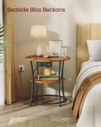 VASAGLE 21.7-Inch Round Side Table, 2-Tier End Table | Nightstand with Steel Frame, Spacious Top, for Small Spaces, Living Room, Bedroom, Rustic Brown and Ink Black ULET077K01