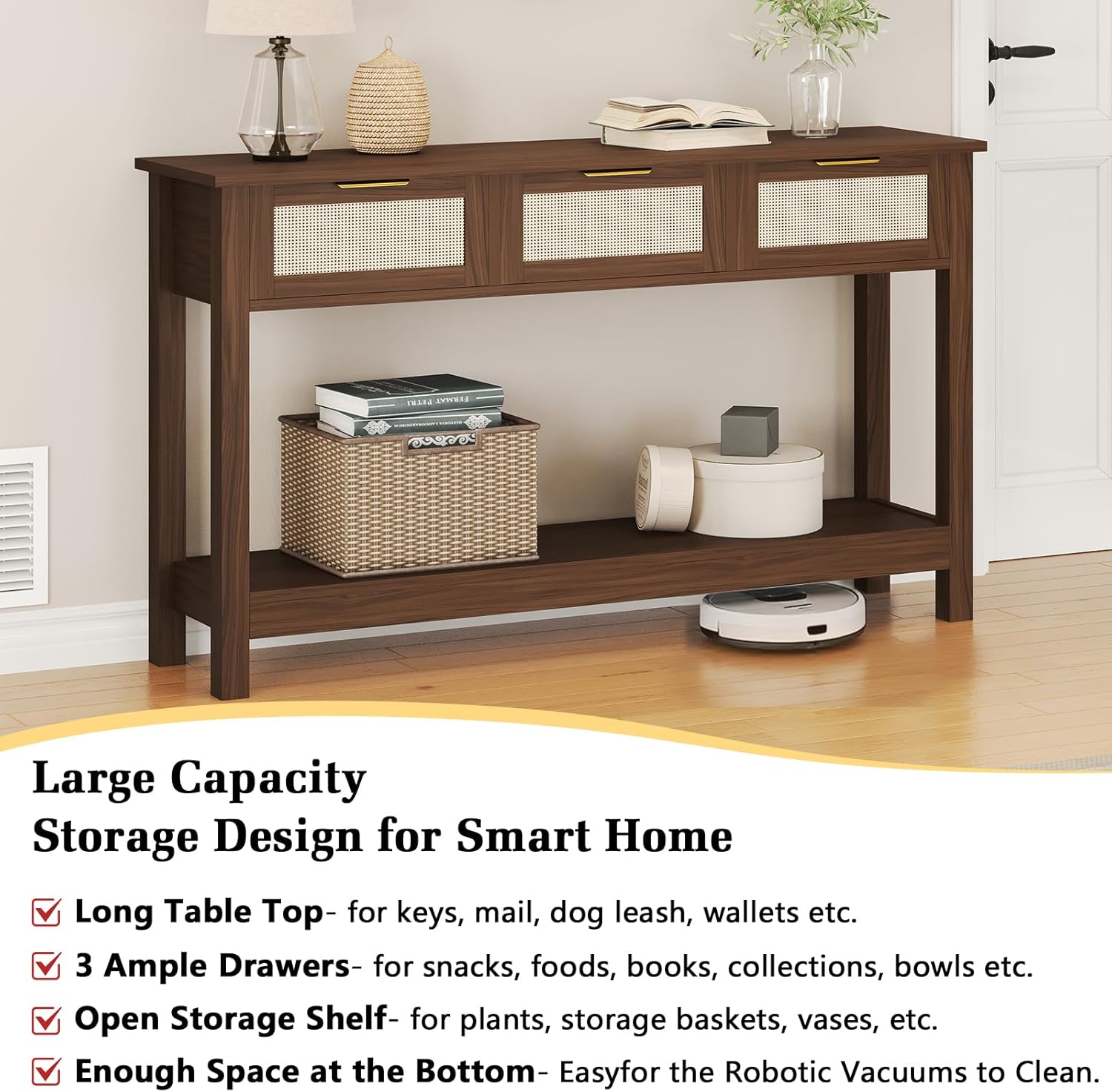 Luoxiao Console Table for Entryway with 3 Rattan Drawers Boho Entry Table with Storage Open Shelf, Narrow Long Sofa Tables for Living Room, Hallway, Foyer, Couch, Front Door, Walnut, 47 Inch