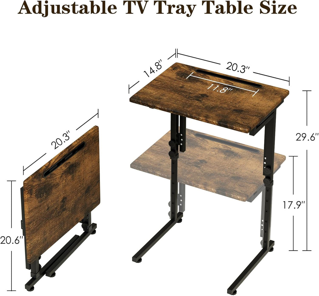 Adjustable Folding TV Tray Table,TV Dinner Small Foldable C-Shaped End Table for Eating,6 Height Adjustable Slide Under Couch Side with Sturdy MDF Top,No Assembly(Brown)
