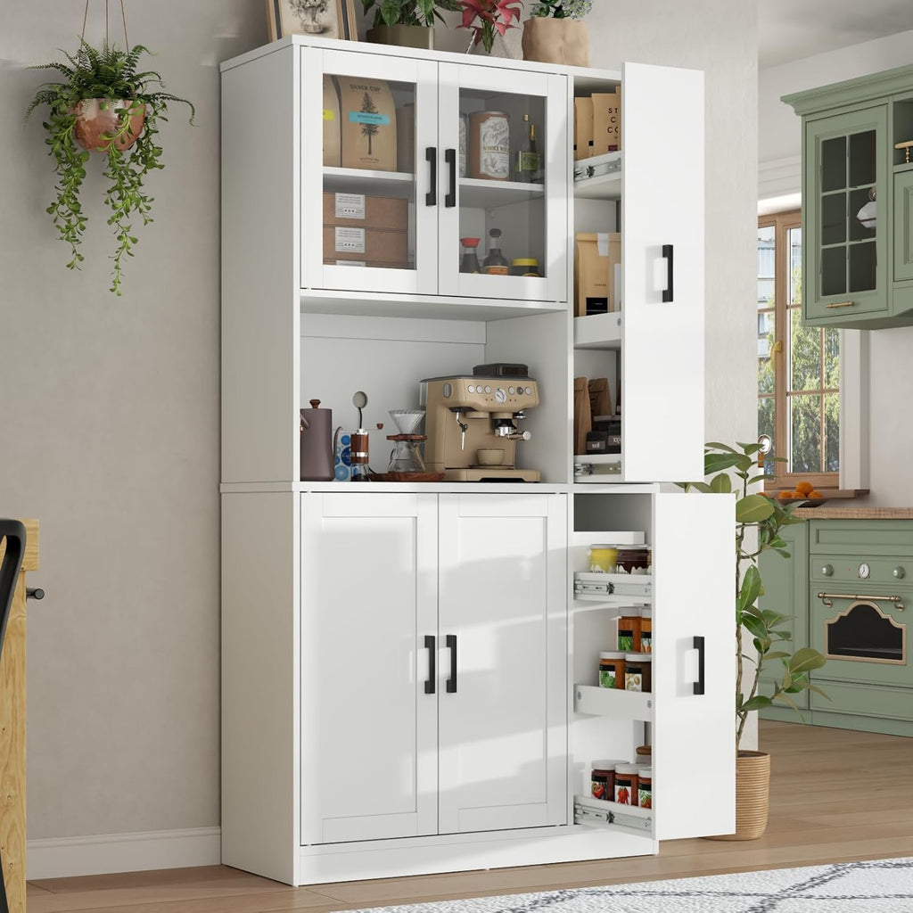 Gyfimoie 68" Tall Kitchen Pantry Cabinet with Side Drawer, Kitchen Pantry Storage Cabinet with Acrylic Door,Freestanding Food Hutch with Microwave Stand for Dining Room (White)