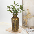Flower Vase Rustic Metal Vases, 16" Black and Gold Pattern Vase for Farmhouse Home Décor Artificial Flowers and Centerpieces