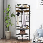 Recaceik 5-in-1 Hall Tree Entryway Bench Coat Rack with 11 Hooks and 2 Hanging Rods, Grid Panel Home Organizer Shoe Shelf for Corner, Hallway, Closet, Rustic Brown