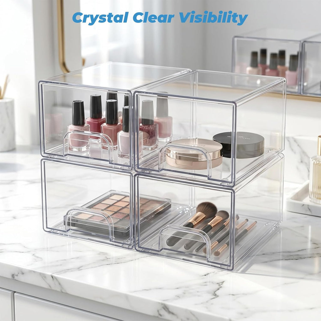 Acrylic Stackable Storage Drawers, [4-Pack] Clear Organizer Bins with Built-in Handles, Smooth Slide-Out Design for Vanity, Under Sink, Medicine Cabinet, Skincare, and More