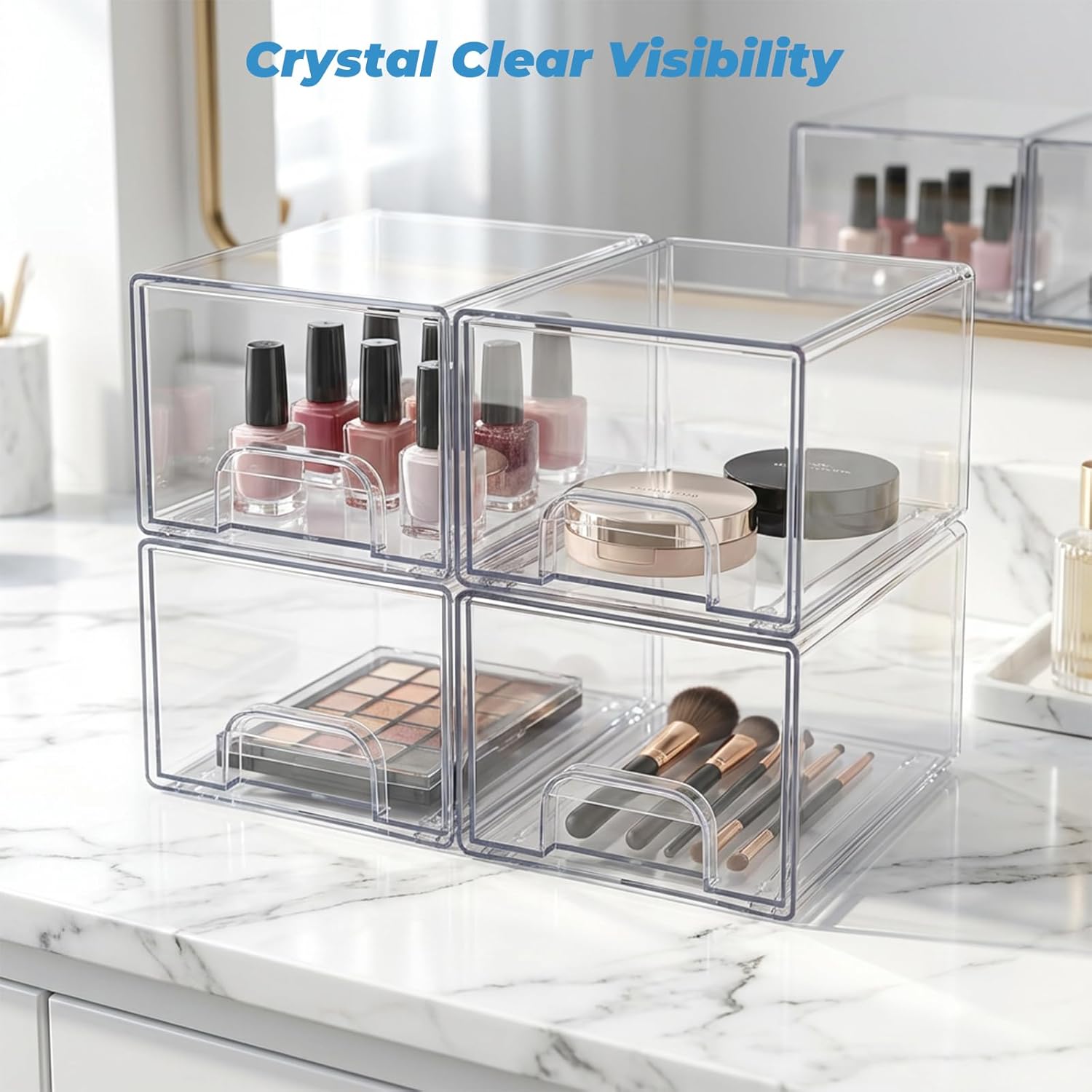 Acrylic Stackable Storage Drawers, [4-Pack] Clear Organizer Bins with Built-in Handles, Smooth Slide-Out Design for Vanity, Under Sink, Medicine Cabinet, Skincare, and More