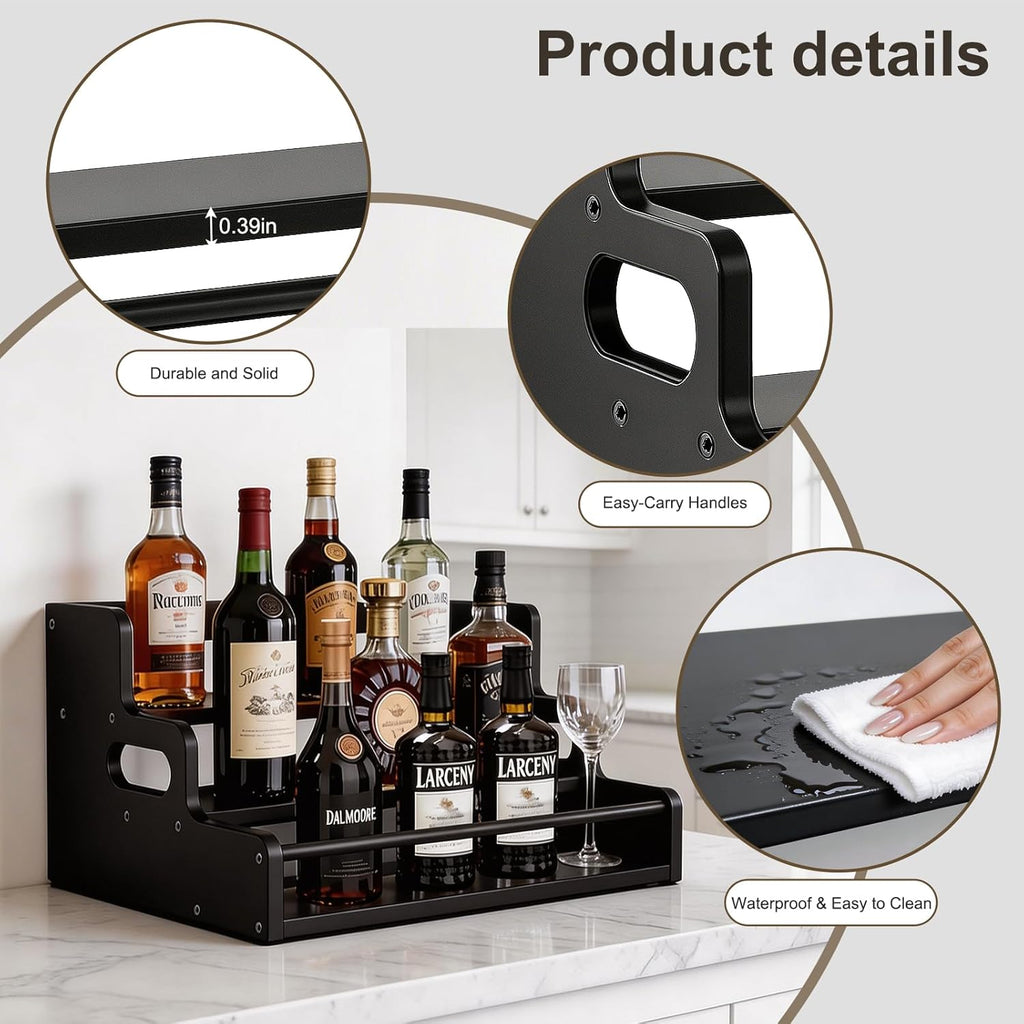 Bamboo Liquor Bottle Display Shelf, 3 Step Countertop Wine Rack, Bar Bottle Stand with Handles & Guardrail, Retro Mini Display Rack for Syrup, Wine, Dressing, Home Kitchen Cafe, Black