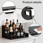 Bamboo Liquor Bottle Display Shelf, 3 Step Countertop Wine Rack, Bar Bottle Stand with Handles & Guardrail, Retro Mini Display Rack for Syrup, Wine, Dressing, Home Kitchen Cafe, Black