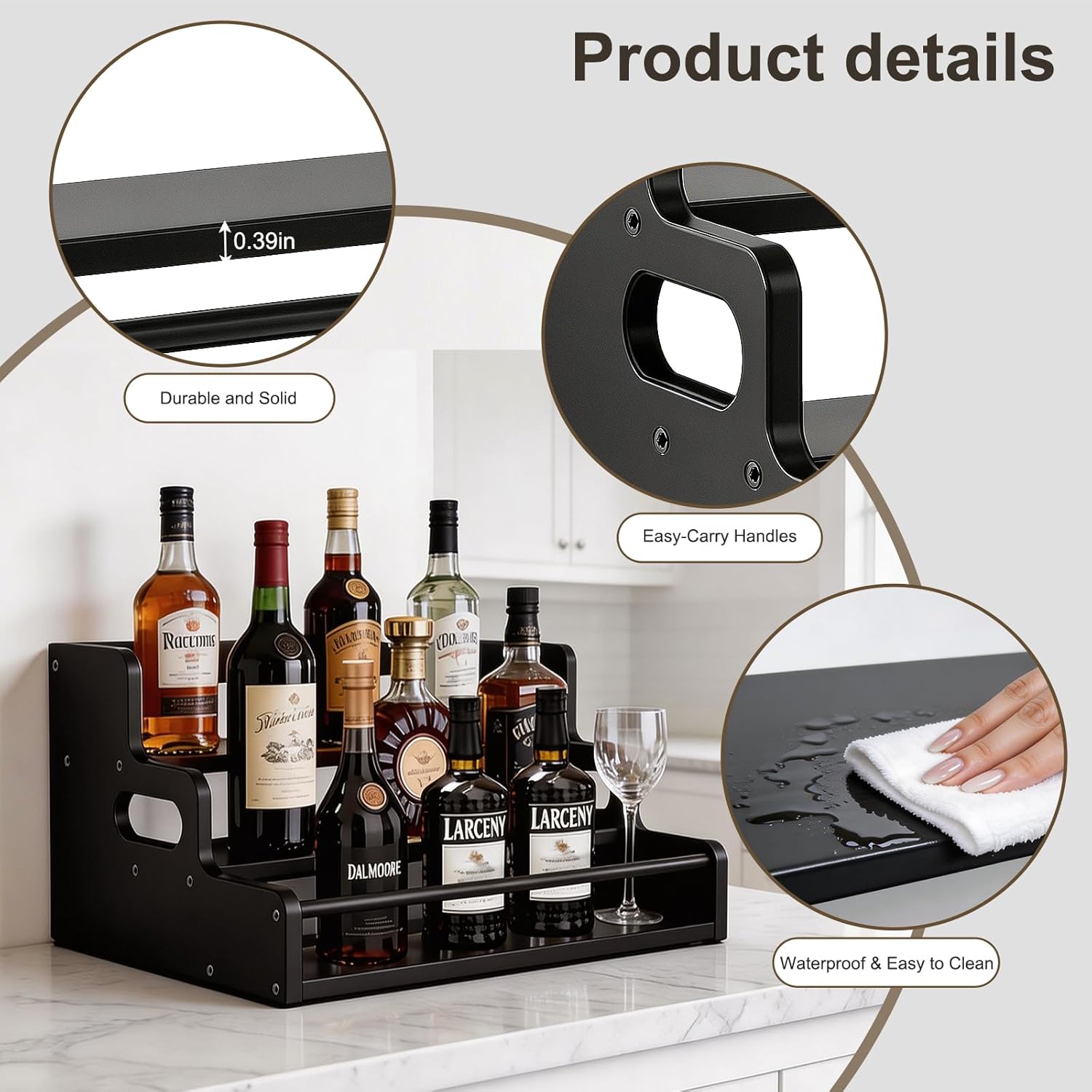 Bamboo Liquor Bottle Display Shelf, 3 Step Countertop Wine Rack, Bar Bottle Stand with Handles & Guardrail, Retro Mini Display Rack for Syrup, Wine, Dressing, Home Kitchen Cafe, Black