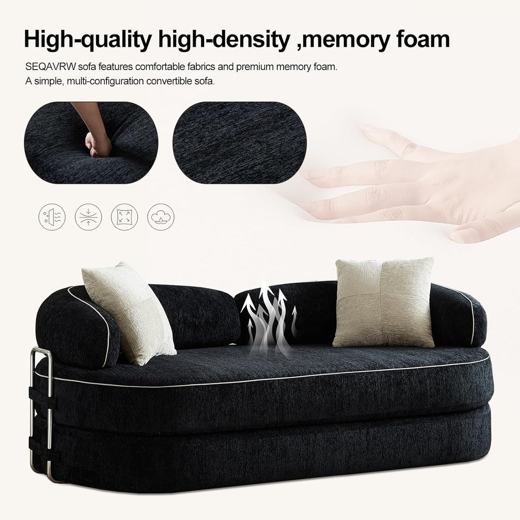 78" Convertible Sofa Couch Bed, 4-in-1 Modular Foldable Sleeper Couch No Assembly - Corduroy Futon Memory Foam Couch with Washable Covers & 2 Pillows, Compressed Boneless Couch for Living Room, Black