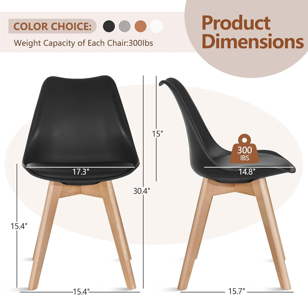 VECELO Dining Chairs Set of 4, Mid-Century Modern Kitchen & Dining Room Chairs, PU Leather Upholstered Seat, Solid Wood Legs, Armless, Non-Slip Feet, Black