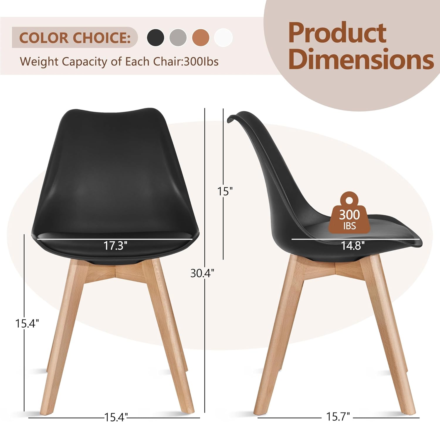 VECELO Dining Chairs Set of 4, Mid-Century Modern Kitchen & Dining Room Chairs, PU Leather Upholstered Seat, Solid Wood Legs, Armless, Non-Slip Feet, Black