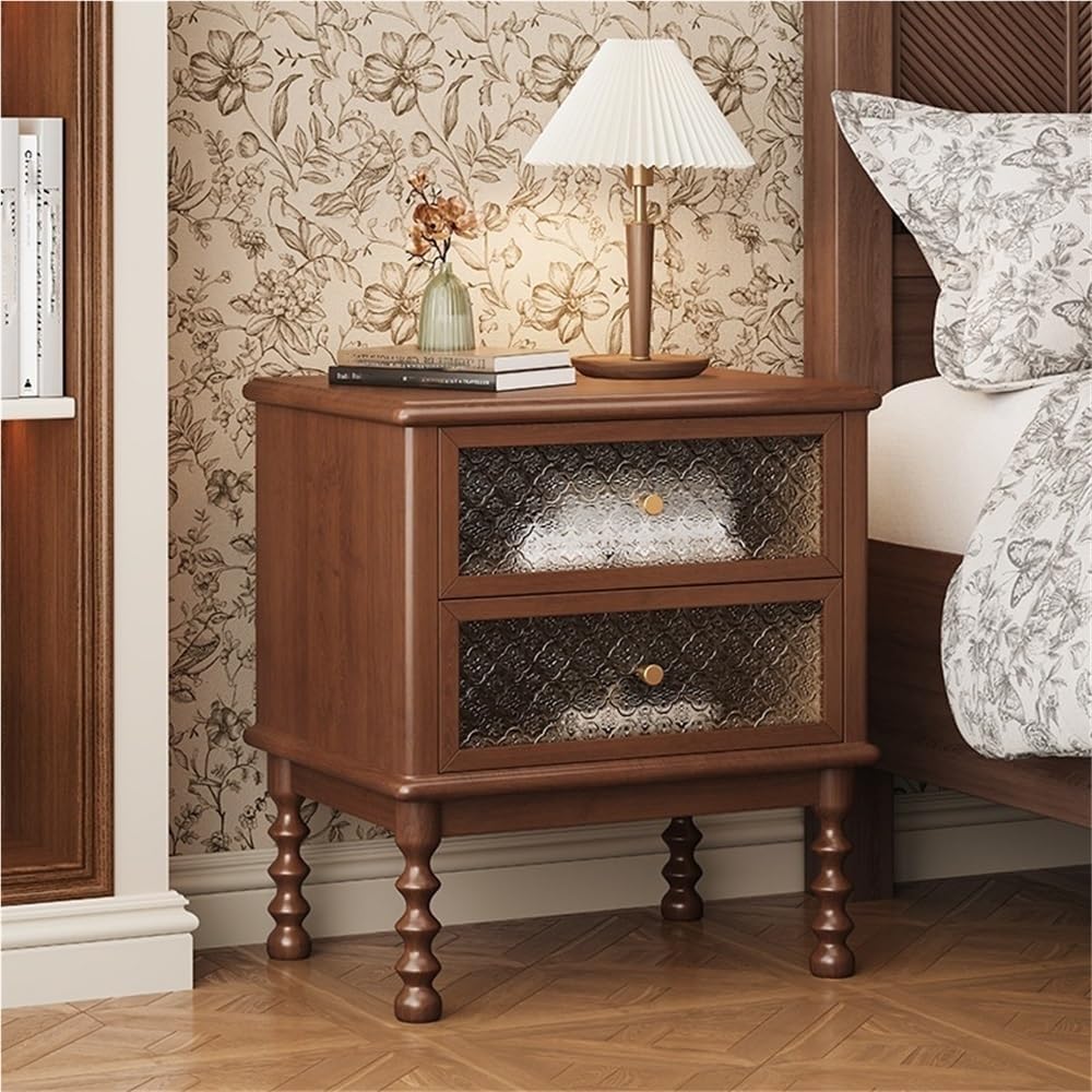 Vintage Wooden Nightstand Antique Bedside Table with 2 Floral Glass Drawers Mid-Century Modern Storage Cabinet End Table Creative idea(Black)