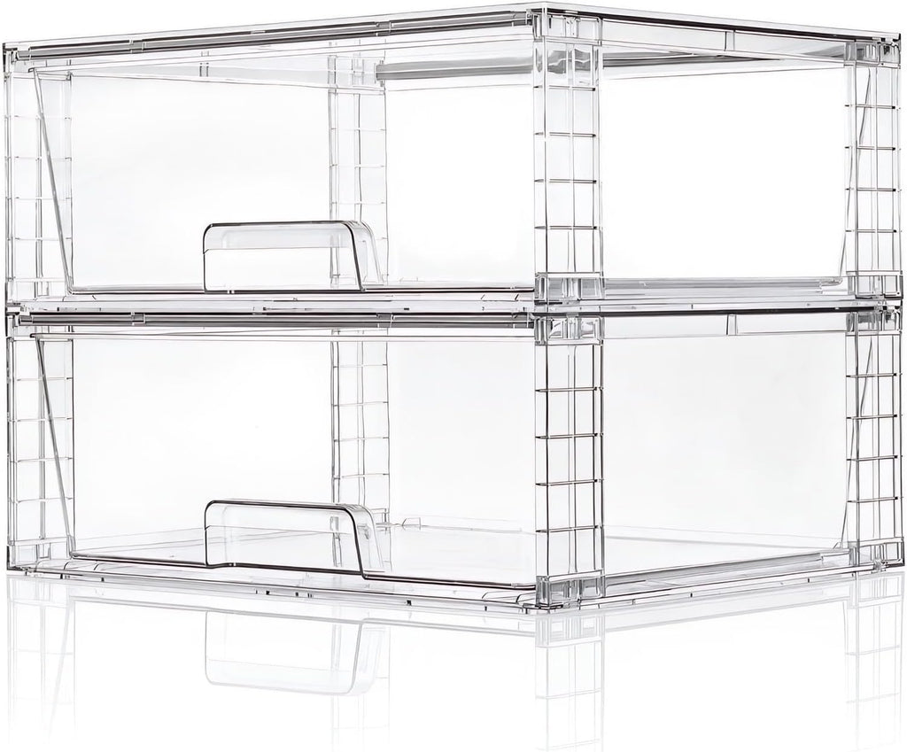 Wide Large Stackable Storage Drawers(2 Pack),Multi-purpose Clear Plastic Organizer Bins with Handles, Easy to Assemble for Bathroom Home Closet Under Sink Kitchen Pantry Medicine Cabinet