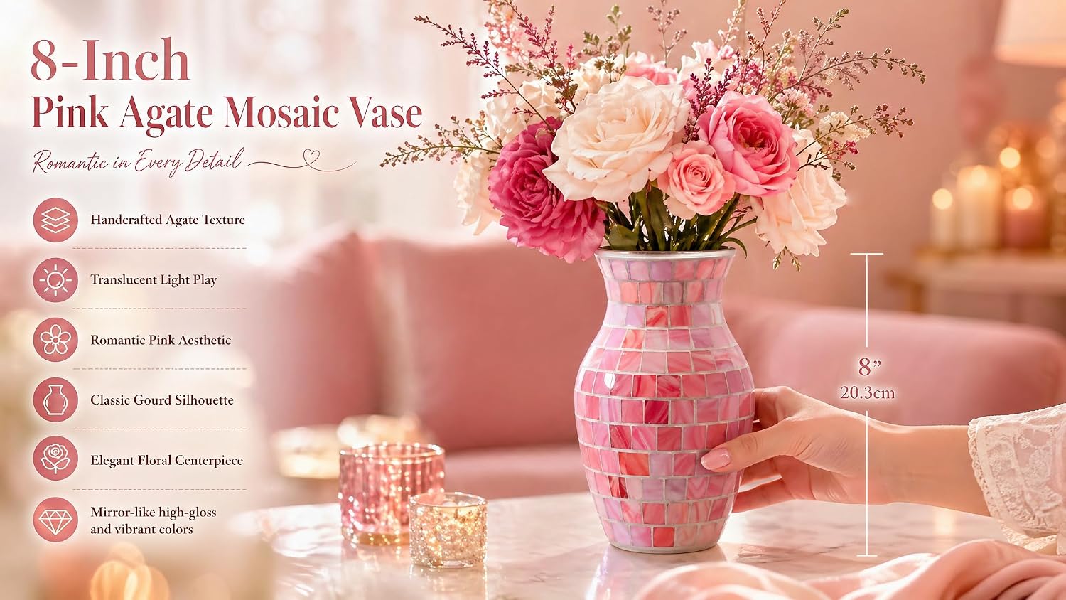 8" Pink Agate Mosaic Vase, Handmade Textured Glass Flower Vase, Romantic Rose Glass Centerpiece for Bedroom, Bathroom, Coastal Home Decor & Valentine's Day Gift