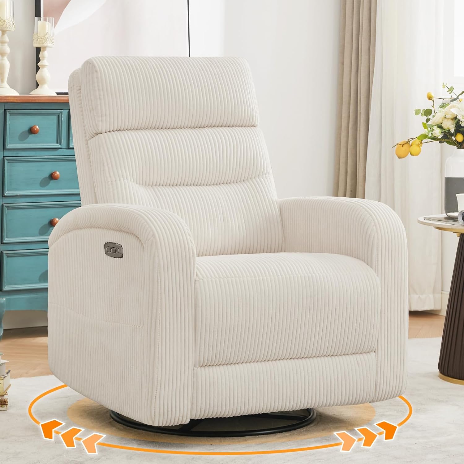Power Swivel Rocker Recliner, Upholstered Glider Recliner Nursery Chair with Type-C & USB Port, Swivel Rocking Nursery Recliners with Double Pockets for Living Room Bedroom, Corduroy Cream White