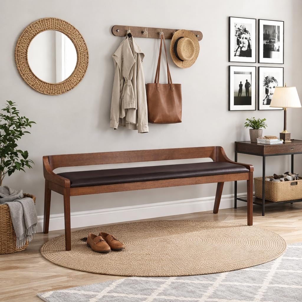 Rasmus Brown Faux Leather Wood Dining Bench - Chestnut Wire-Brush Finish