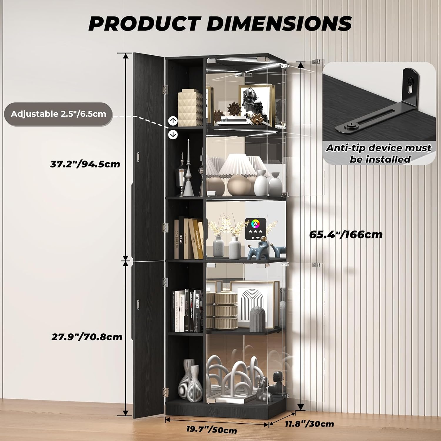 VersionTECH. Glass Display Cabinet with RGB Lights, 5-Tier Curio Cabinets with Glass Doors for Collectibles, Display Case with Adjustable Shelves, Human Sensor, Charging Station, Mirror Backing, Black