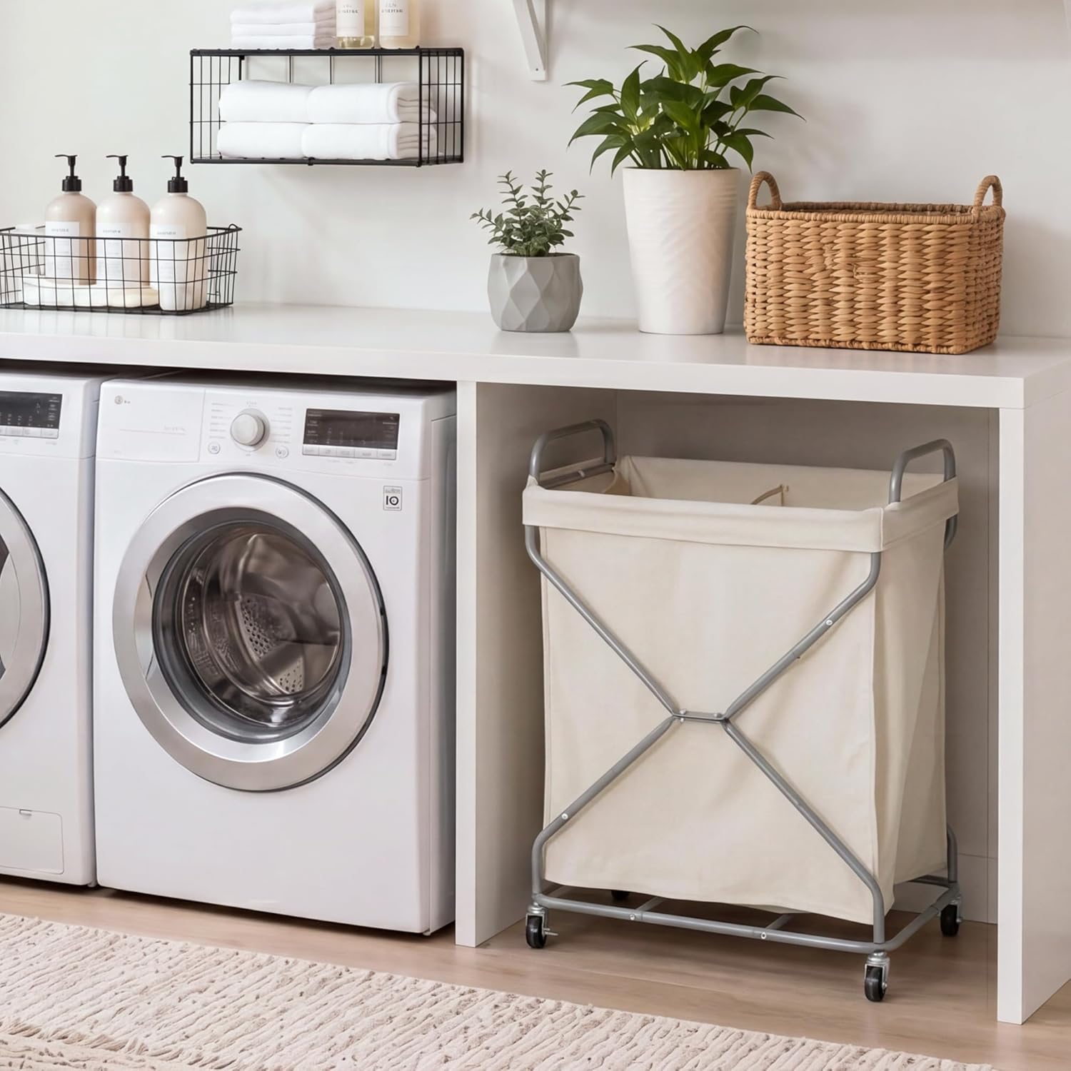 StorageWorks 2-Section Laundry Basket with Wheels, 160L Laundry Hamper with Removable Bag and Handles, Laundry Sorter Cart for Storage and Organizer, Beige