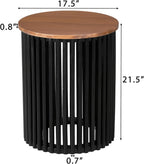 Round End Table, Modern Cylinder Side Table with Wood Top & Black Ribbed Base, Small Drum Accent Table for Living Room, Bedroom, Mid-Century Nightstand for Small Spaces