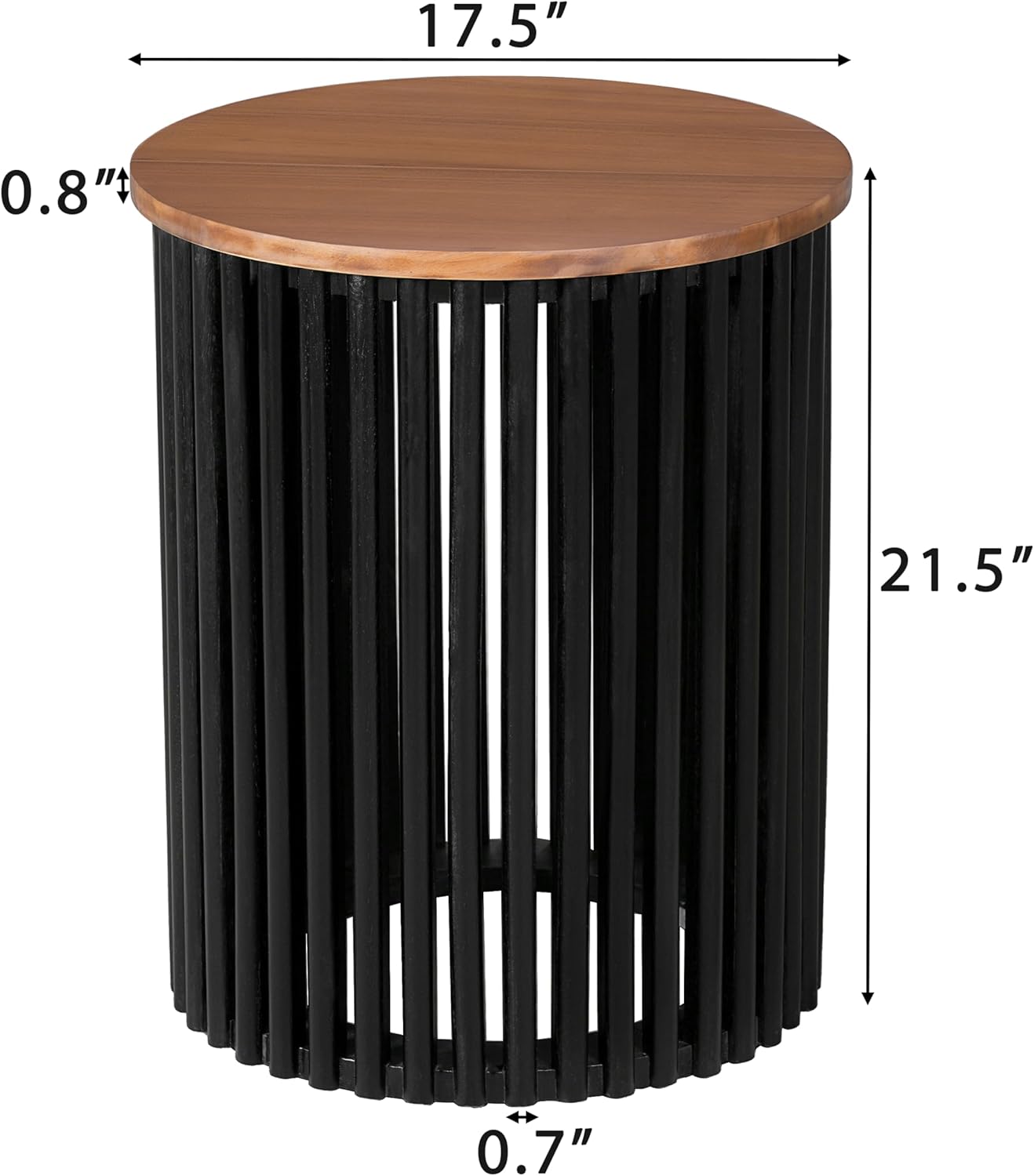 Round End Table, Modern Cylinder Side Table with Wood Top & Black Ribbed Base, Small Drum Accent Table for Living Room, Bedroom, Mid-Century Nightstand for Small Spaces