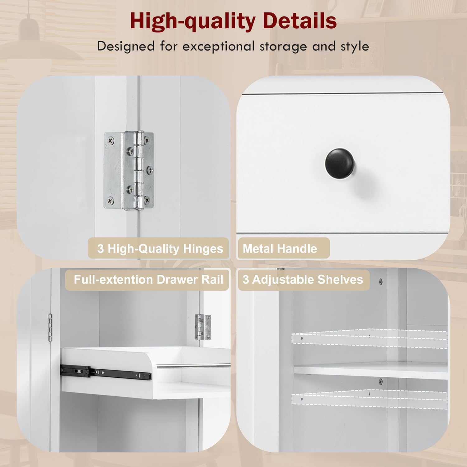 Freestanding Pantry Storage Cabinet with Adjustable Shelves, High Cupboard Cabinet with Door Shelves, Pull-Out Trays and Drawers for Kitchen, Dining Room, Living Room (White)