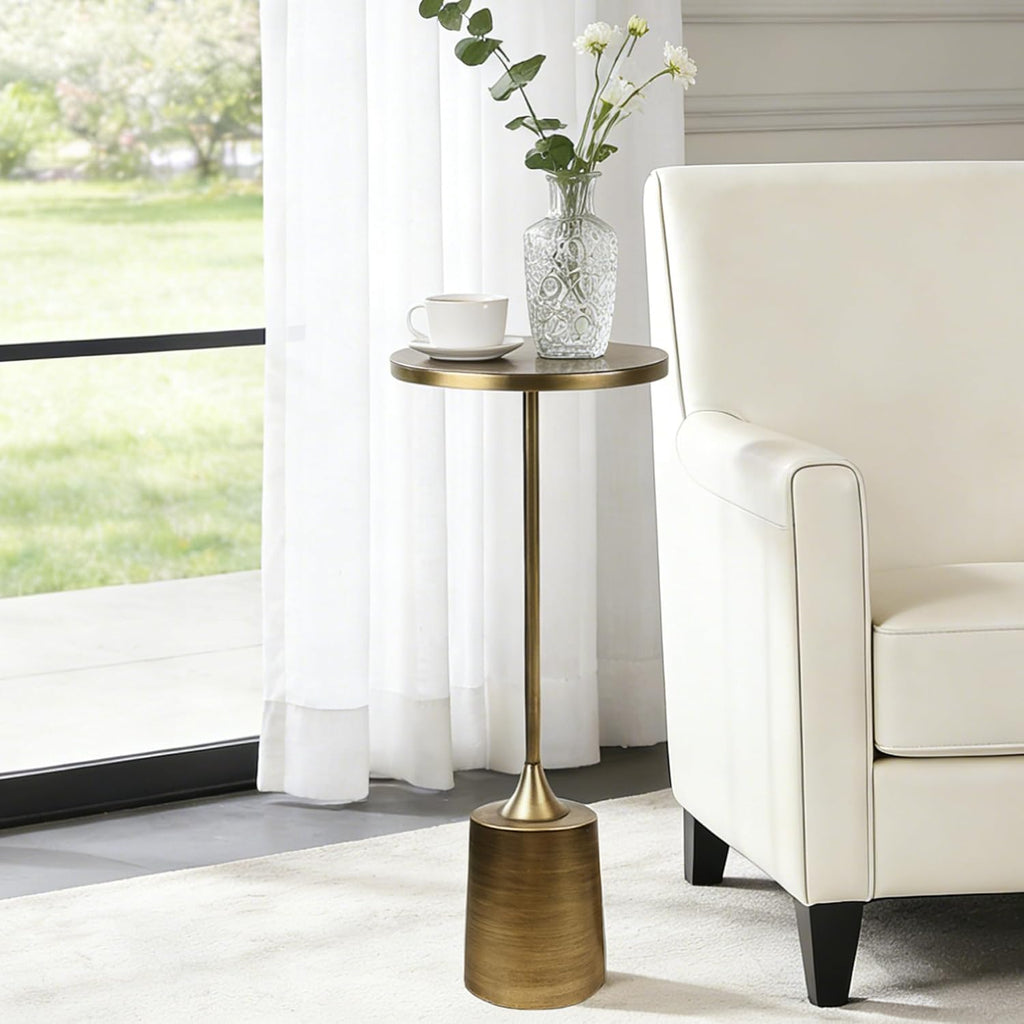 Jorsnovs Vintage Bronze Small End Table, 10'' Round Pedestal Side Table with Weighted Iron Base, Drink Table for Small Spaces, Antique Cocktail Table for Living Room, Entryway, or Bathroom