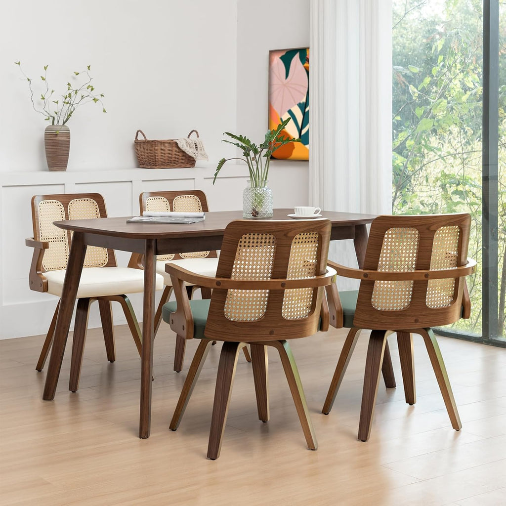 Walnut Dining Chairs - Swivel Rattan Dining Chairs with Bentwood Frame with Ergonomic Cane Back, Curved Arms, MCM Dining Chairs for Kitchen/Restaurant/Living Room/Conference (Walnut Brown, Set of 2)