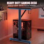GTPLAYER 55 Inch Gaming Desk with LED Lights, Large Computer Desk with Mouse Pad for Home Office, T-Shaped Carbon Fibre Surface PC Game Workstations with Headphone Hook