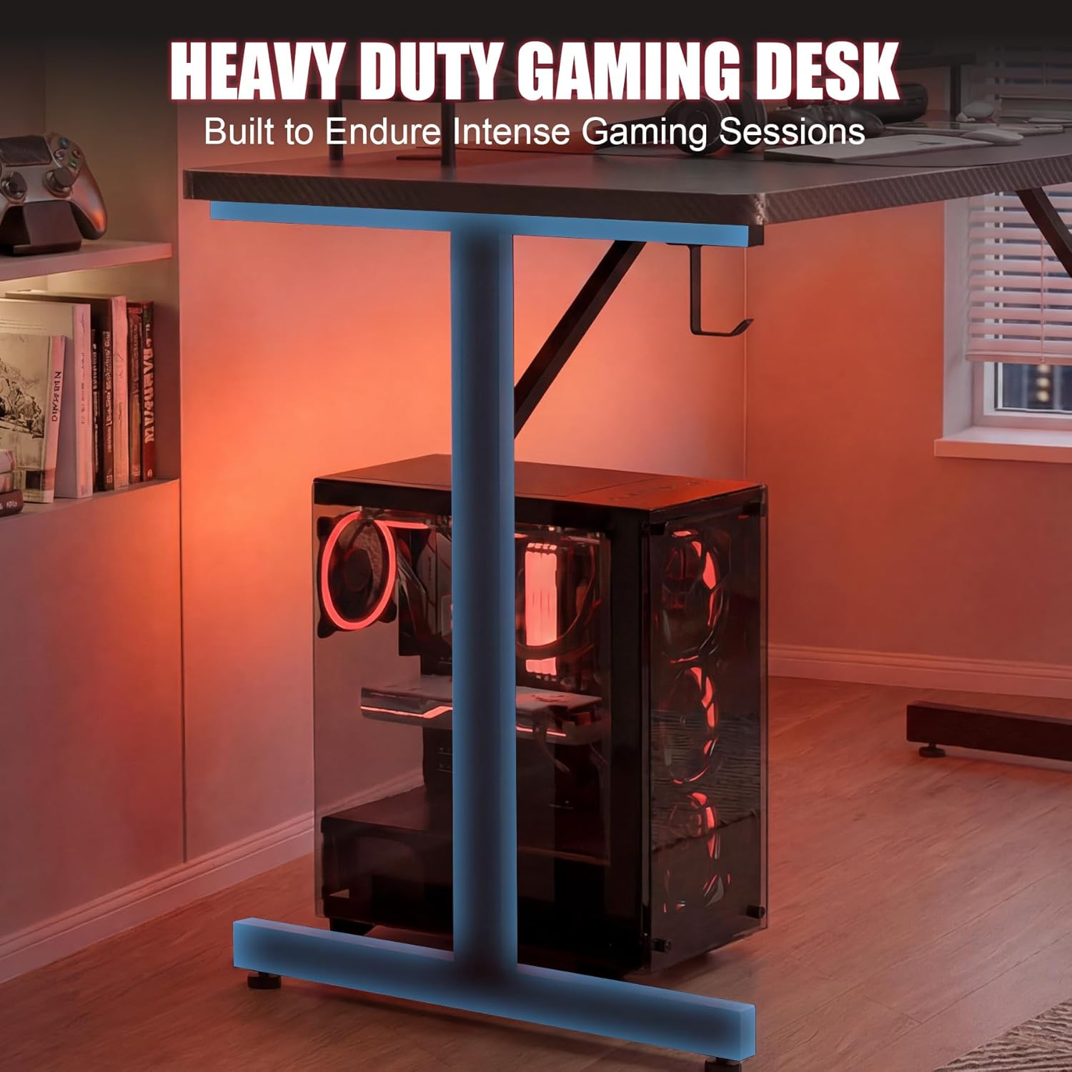 GTPLAYER 55 Inch Gaming Desk with LED Lights, Large Computer Desk with Mouse Pad for Home Office, T-Shaped Carbon Fibre Surface PC Game Workstations with Headphone Hook
