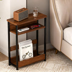 Narrow Side Table with Storage Shelf, 3-Tier Slim End Table with Magazine Holder, Modern Thin Side Tables for Couch or Small Spaces, Skinny Nightstand for Living Room or Bedroom Walnut