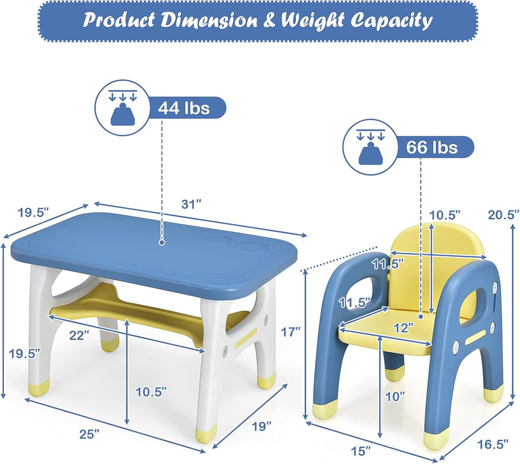 Costzon Toddler Table and Chair Set, Cute Dinosaur Children Activity Art Sturdy Desk Set w/Storage Rack & Montessori Building Blocks, Kids Table and Chair for Baby Boys Girls (Blue)