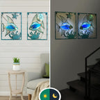 LIFFY Metal Fish Wall Decor with Frame-Outdoor Wall Art, Wall Decor with LED Fairy Lights, Fish Glass Art Wall Sculpture for Patio,Beach,Garden,Yard,Pool,home gift(2pcs, Blue)