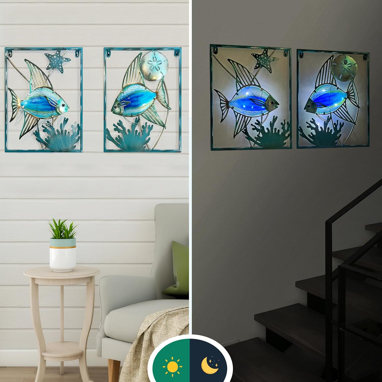 LIFFY Metal Fish Wall Decor with Frame-Outdoor Wall Art, Wall Decor with LED Fairy Lights, Fish Glass Art Wall Sculpture for Patio,Beach,Garden,Yard,Pool,home gift(2pcs, Blue)