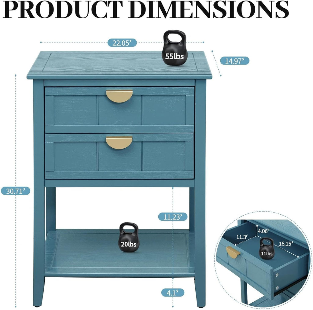 22" Blue Nightstand with 2 Storage Drawers Bedside Table with Open Shelf Modern Wood End Table for Bedroom Room Gold Handles