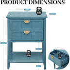 22" Blue Nightstand with 2 Storage Drawers Bedside Table with Open Shelf Modern Wood End Table for Bedroom Room Gold Handles