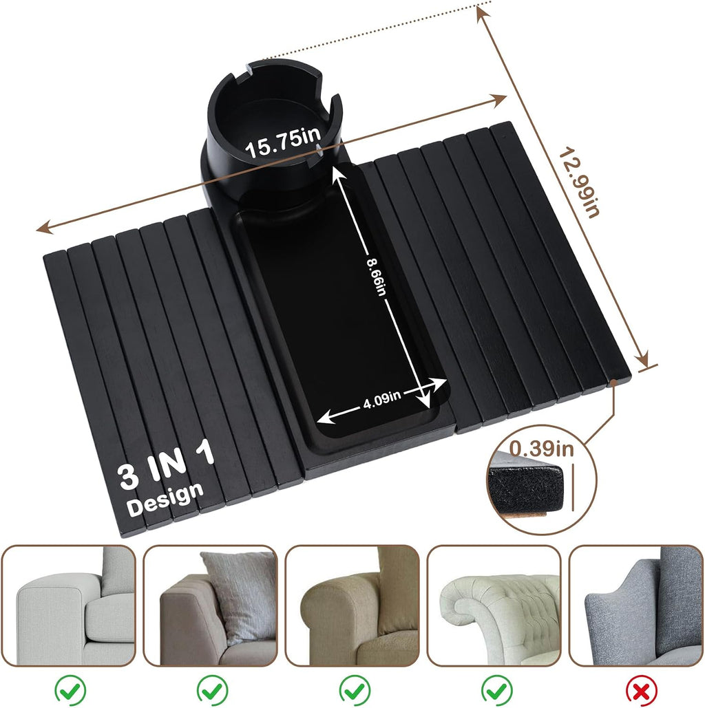 Couch Cup Holder for Armrests Over 4.9" Wide with 360° Phone Stand Black | Couch Arm Tray with 360° Rotating Phone Stand, 3 in 1 Foldable Sofa Arm Tray Table for Remote, Snacks, Phone, Drinks