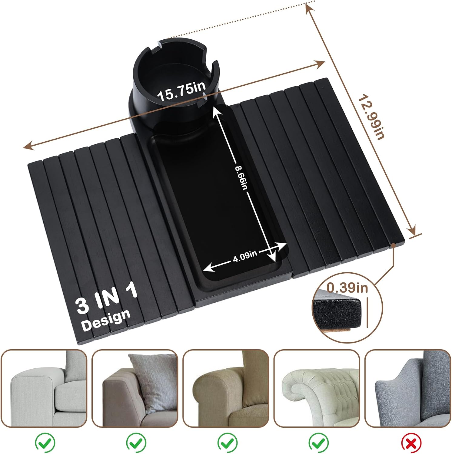 Couch Cup Holder for Armrests Over 4.9" Wide with 360° Phone Stand Black | Couch Arm Tray with 360° Rotating Phone Stand, 3 in 1 Foldable Sofa Arm Tray Table for Remote, Snacks, Phone, Drinks