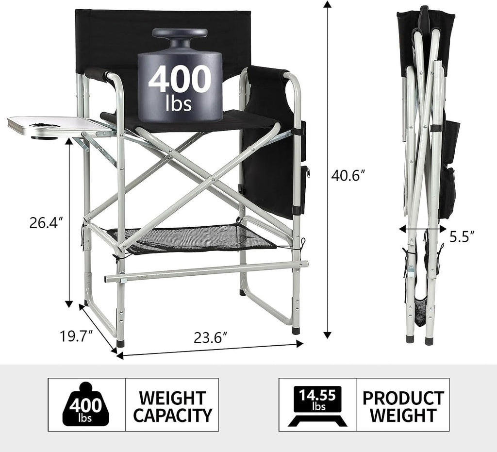 Makeup Chair for Makeup Artist 41'',Tall Directors Chairs Foldable with Side Table Cup Holder Storage Bag and Footrest, Folding Chair Makeup Chair for Clients 400lbs Capacity