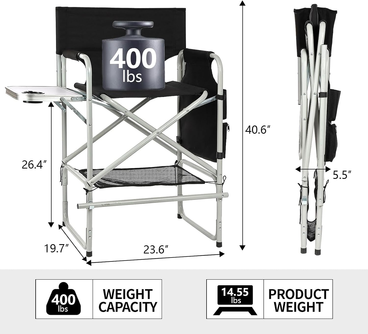 Makeup Chair for Makeup Artist 41'',Tall Directors Chairs Foldable with Side Table Cup Holder Storage Bag and Footrest, Folding Chair Makeup Chair for Clients 400lbs Capacity