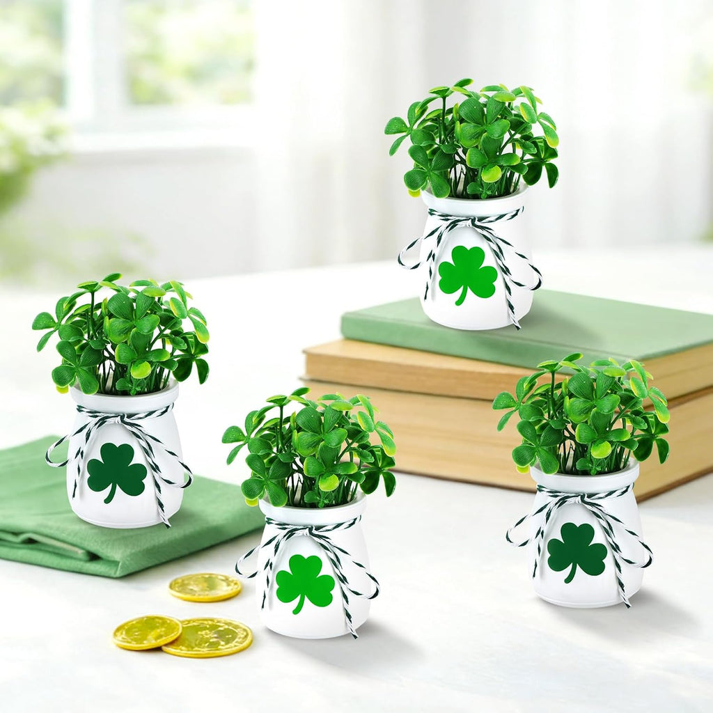 St. Patrick’s Day Decorations for Table – 4 Pack Mini Shamrock Decoration Vases with Artificial Shamrock Picks, St Patrick’s Day Decor for Home & Office